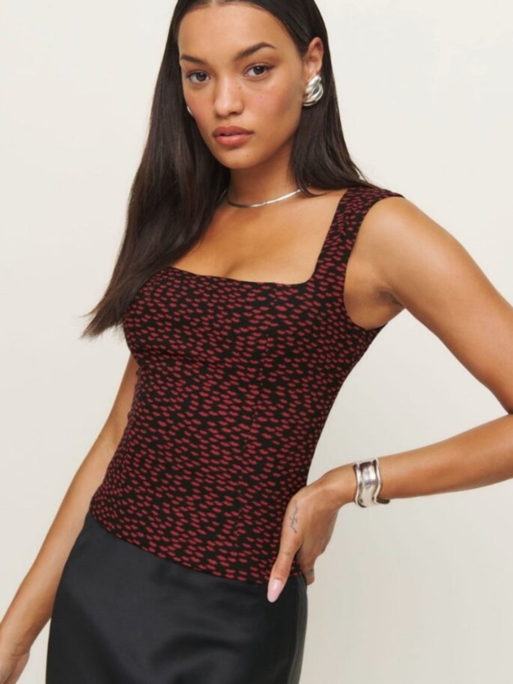 Reformation Red and Black Printed Scoop Neck Tank